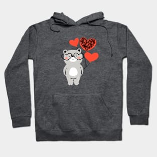 Grey Bear Black Glasses Pink Balloons Happy Valentine's Day Hoodie